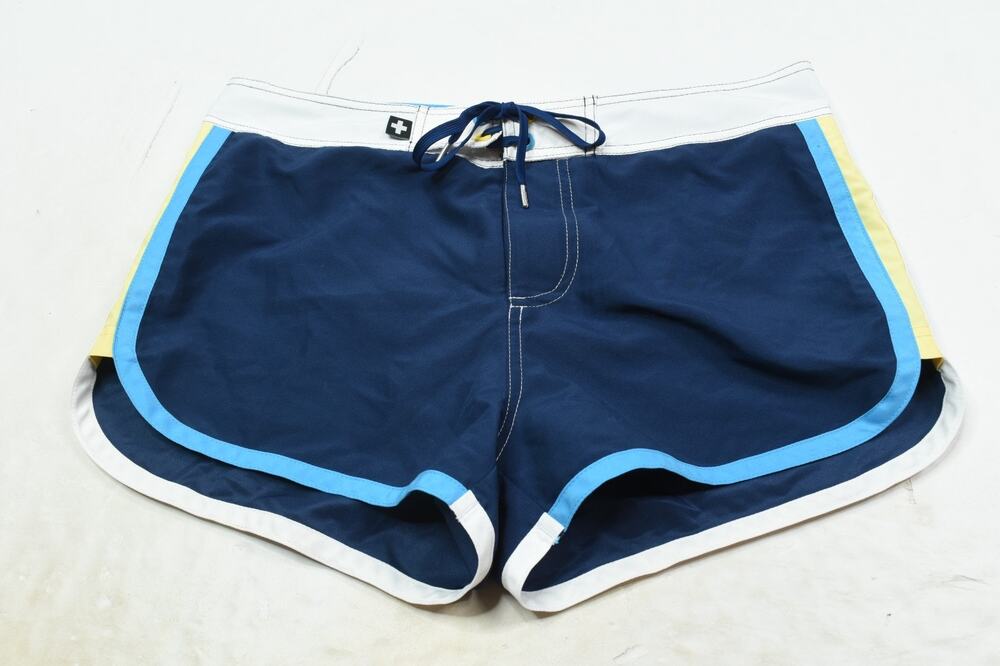 Andrew Christian Navy Blue Swim Trunks with Light Blue, White, and Yellow Trim